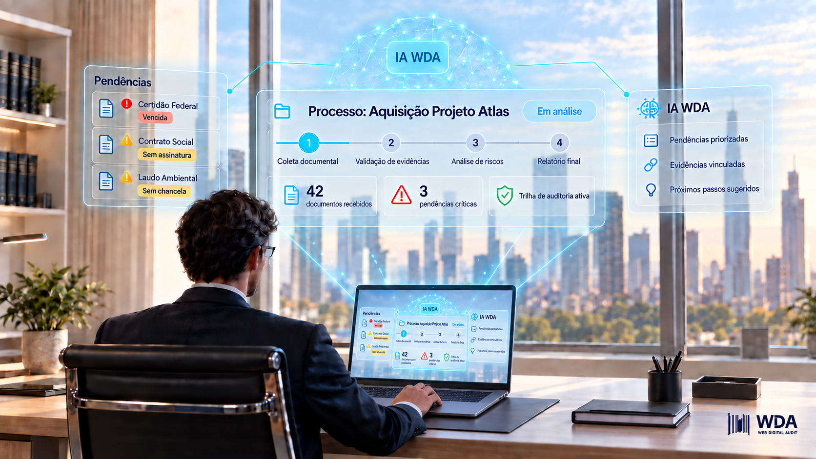 Profissional utilizando o WDA para acompanhar pendências, etapas e análises com inteligência artificial